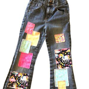 Child’s Upcycled Patch Jeans, Elastic Waist, Handmade Unicorn Patchwork Size 6X